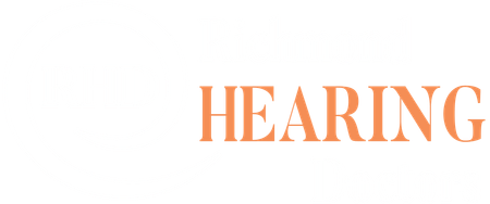 Logo for Richmond Hearing Doctors. The large word “HEARING” appears in orange capital letters, while “Richmond”, “Doctors”, and “RHD” are in white. The design includes a white circular shape on a light gray background.