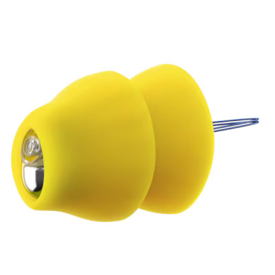 A bright yellow silicone corn holder with a curved, ergonomic grip and two stainless steel prongs for easily holding corn on the cob.