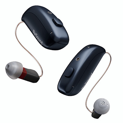 Two black ReSound hearing aids with thin wires attached to small, earbud-like receivers, shown against a white background.