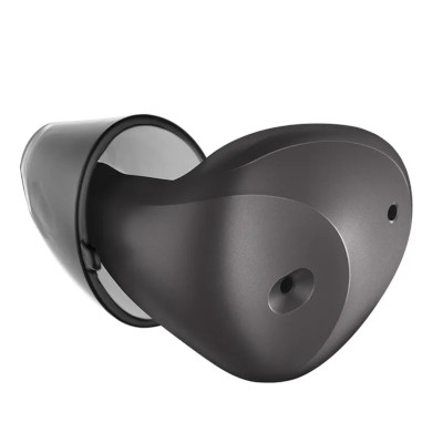A close-up view of a single black wireless earbud with a sleek, curved design and two small circular openings on its surface.