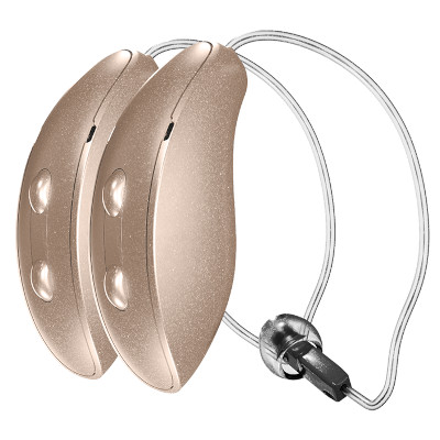 A pair of modern, beige behind-the-ear hearing aids with thin, clear tubing and ear inserts, shown against a white background.