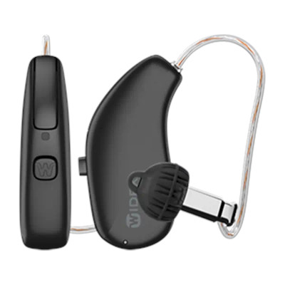Two black behind-the-ear hearing aids with thin clear tubes and small black earpieces, shown from side and back views, featuring visible buttons and the Widex logo.